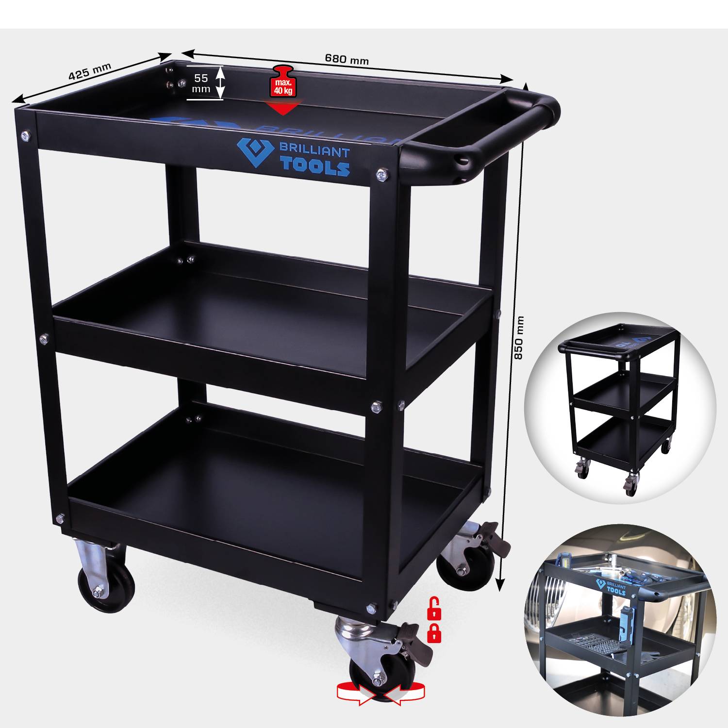 'Black workshop trolley with three levels and four wheels, size: 680 x 370 x 880 mm. Logo: Brilliant Tools. Weight: 10 kg.'