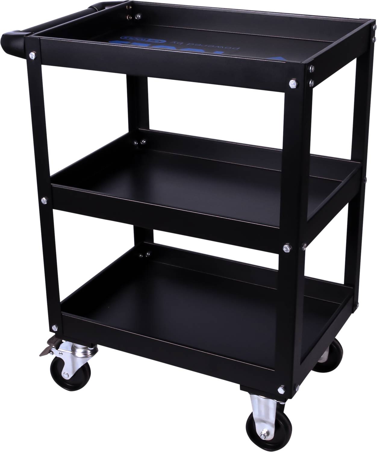 Black metal trolley with three shelves and four wheels. Ideal for transporting or storing tools and materials.