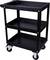 Black metal trolley with three shelves and four wheels. Ideal for transporting or storing tools and materials.