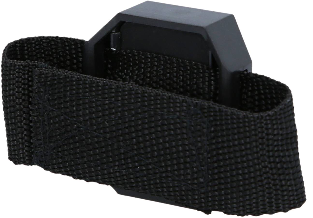 A black plastic block with a black, woven band wrapped around it, possibly a mounting strap for technical equipment.