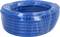 A large blue cable reel, neatly wound and wrapped in plastic film.