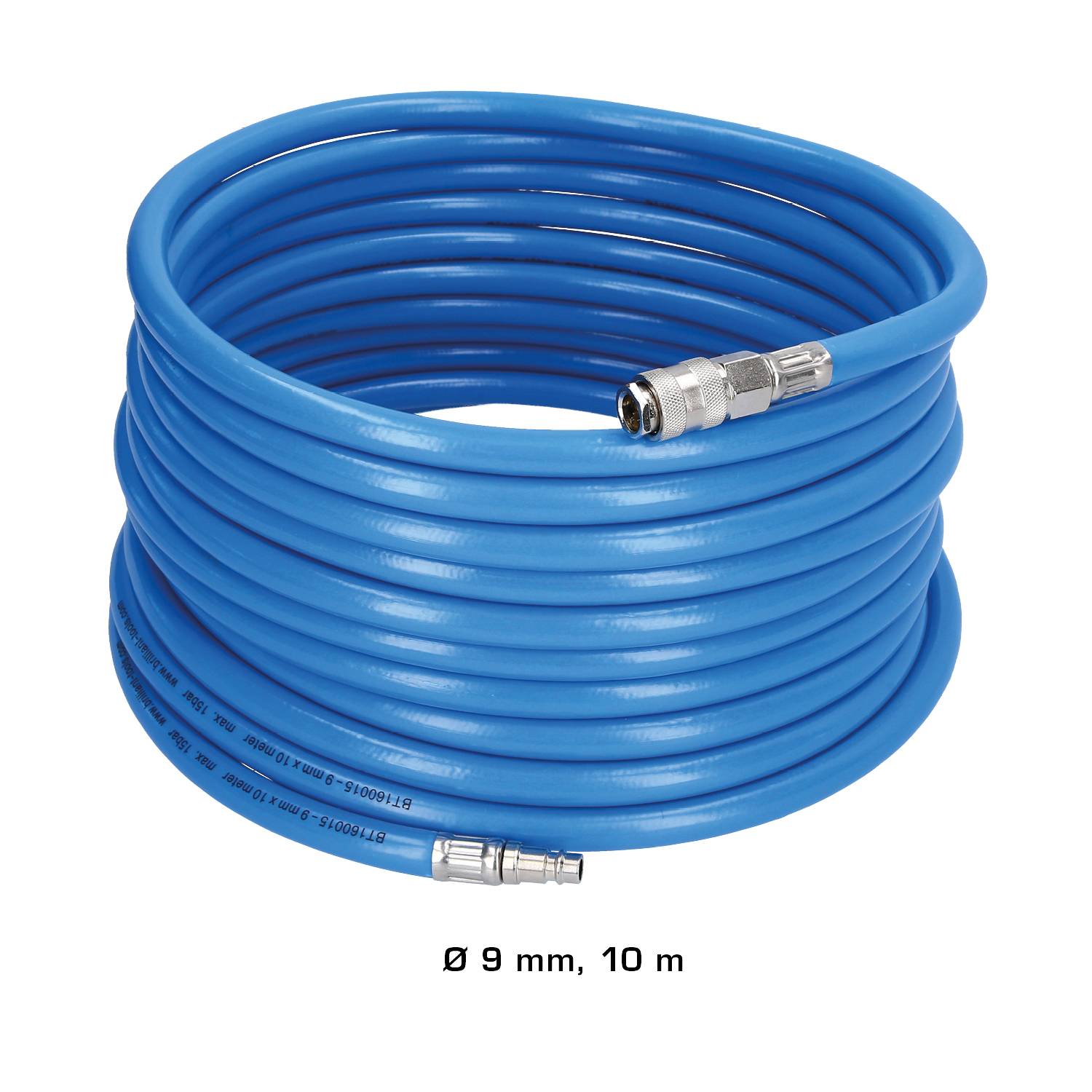 Blue hose centrally rolled up, with a diameter of 9 mm and a length of 10 metres.