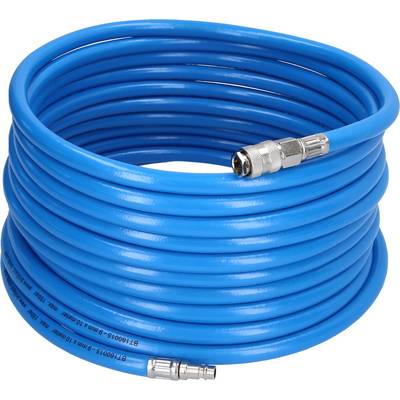 Blue air hose, coiled, with metal coupling at both ends.