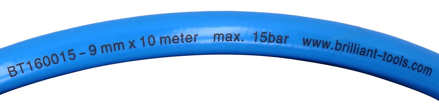 Blue hose with the inscription 'BT160015 - 9 mm x 10 metres max. 15 bar www.brilliant-tools.com'.<br><br>Note the changes:<br>- "meter" changed to "metres" (British English spelling)<br>- Kept technical specifications and website URL as original