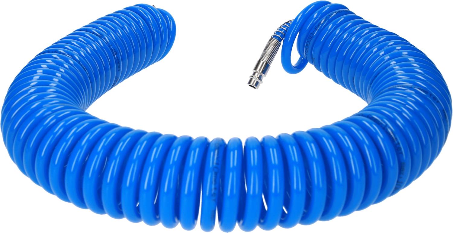 Blue, spiral-shaped hose arranged in a circle, with a metal connector at one end.