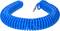 Blue, spiral-shaped hose arranged in a circle, with a metal connector at one end.