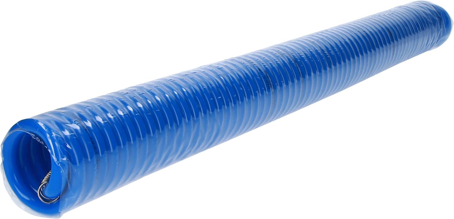 A blue, flexible plastic hose with a corrugated surface, used for transporting air or liquids.
