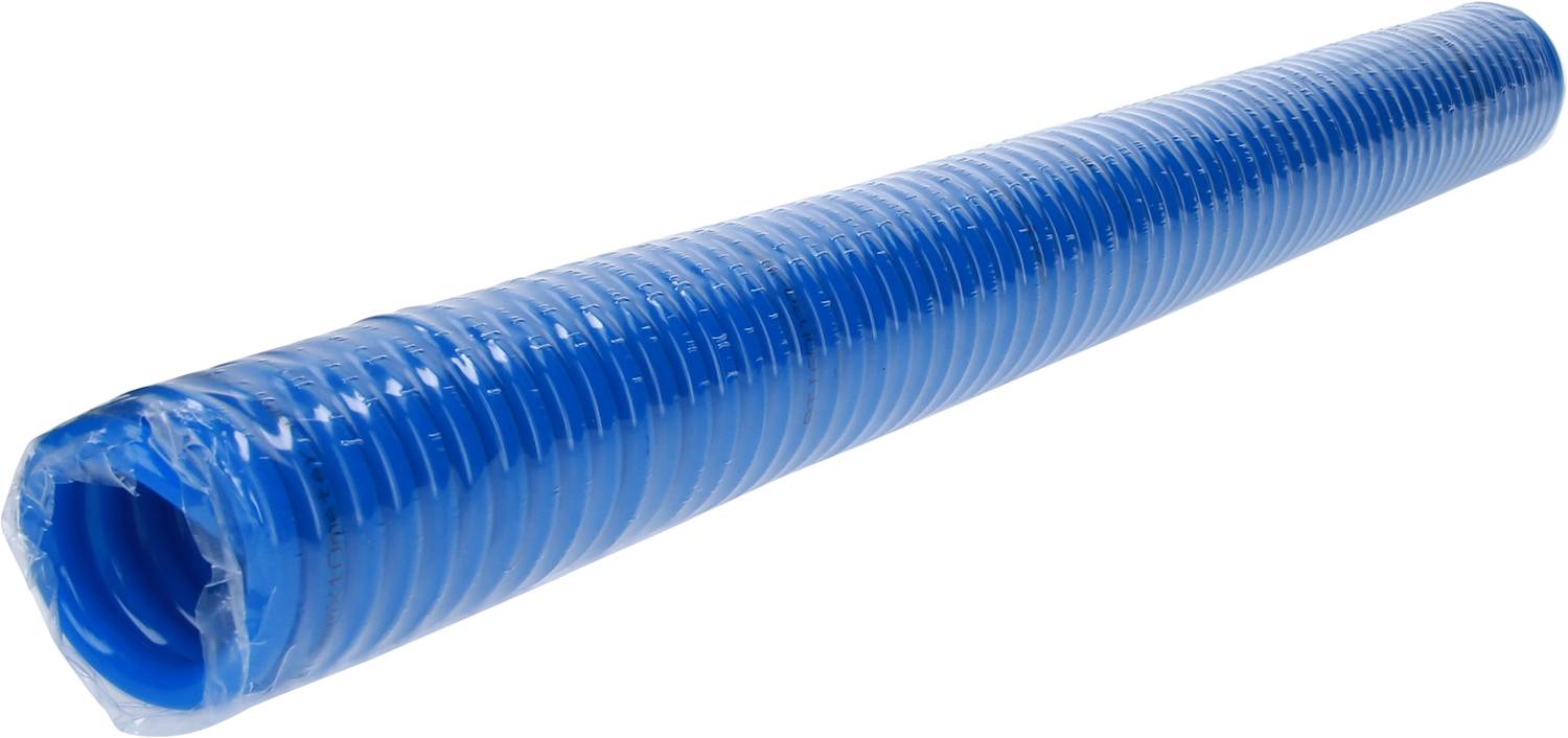 Blue, flexible corrugated hose, horizontally aligned, on a white background, for transporting liquids or gases.
