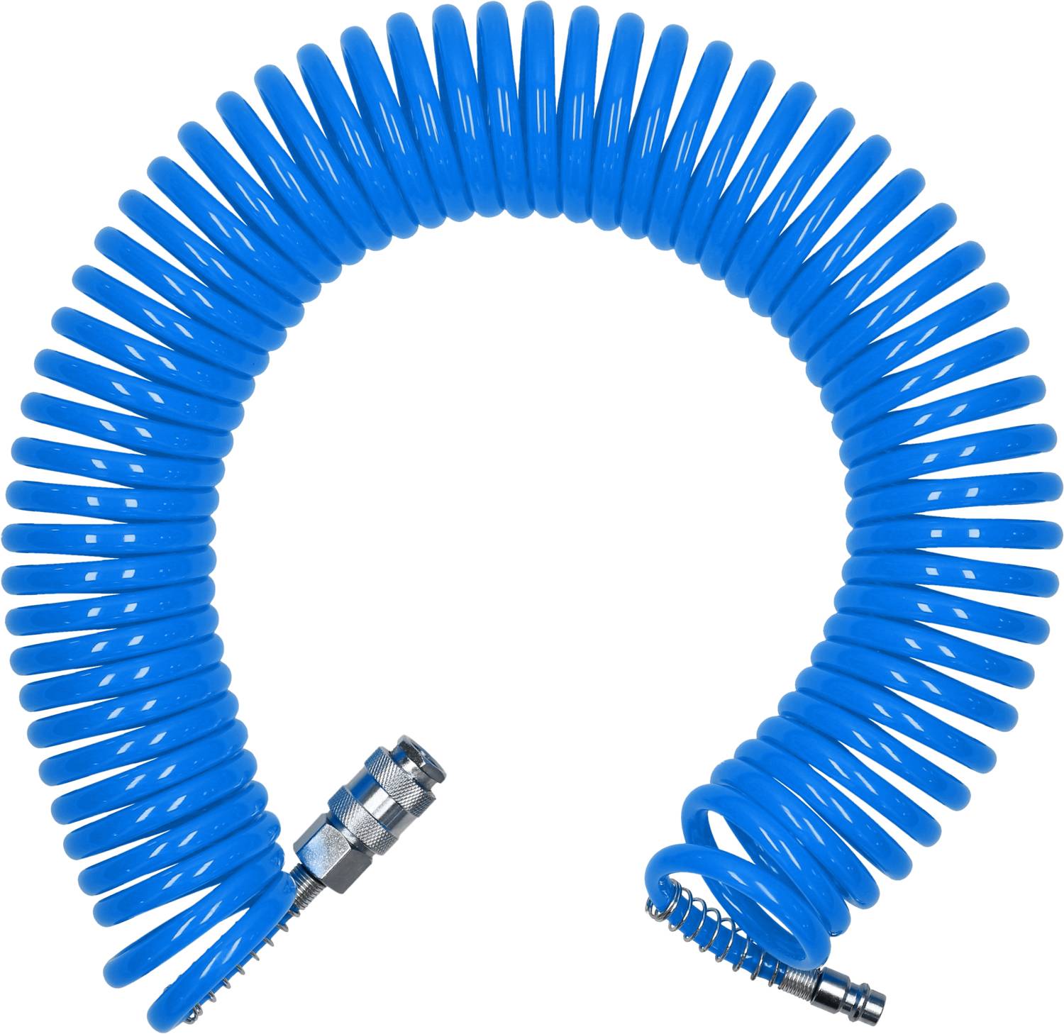 A blue spiral hose with metal connectors at both ends, coiled in a loop shape.