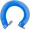 A blue spiral hose with metal connectors at both ends, coiled in a loop shape.