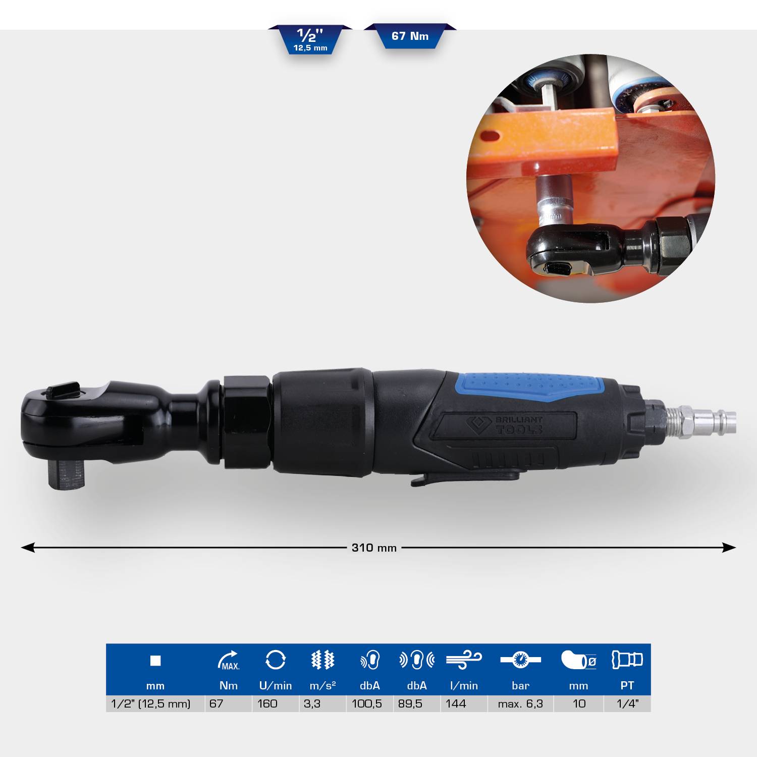 Air Ratchet Wrench with 1/2" size, 67 Nm torque, 310 mm length. Application image shows tool in use on vehicle component.