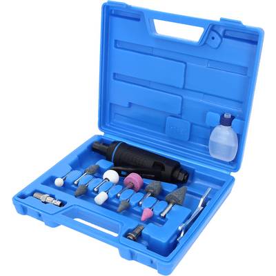 Blue tool case with a pneumatic grinding tool and various attachments. Contains grinding heads in different shapes and an oil bottle.