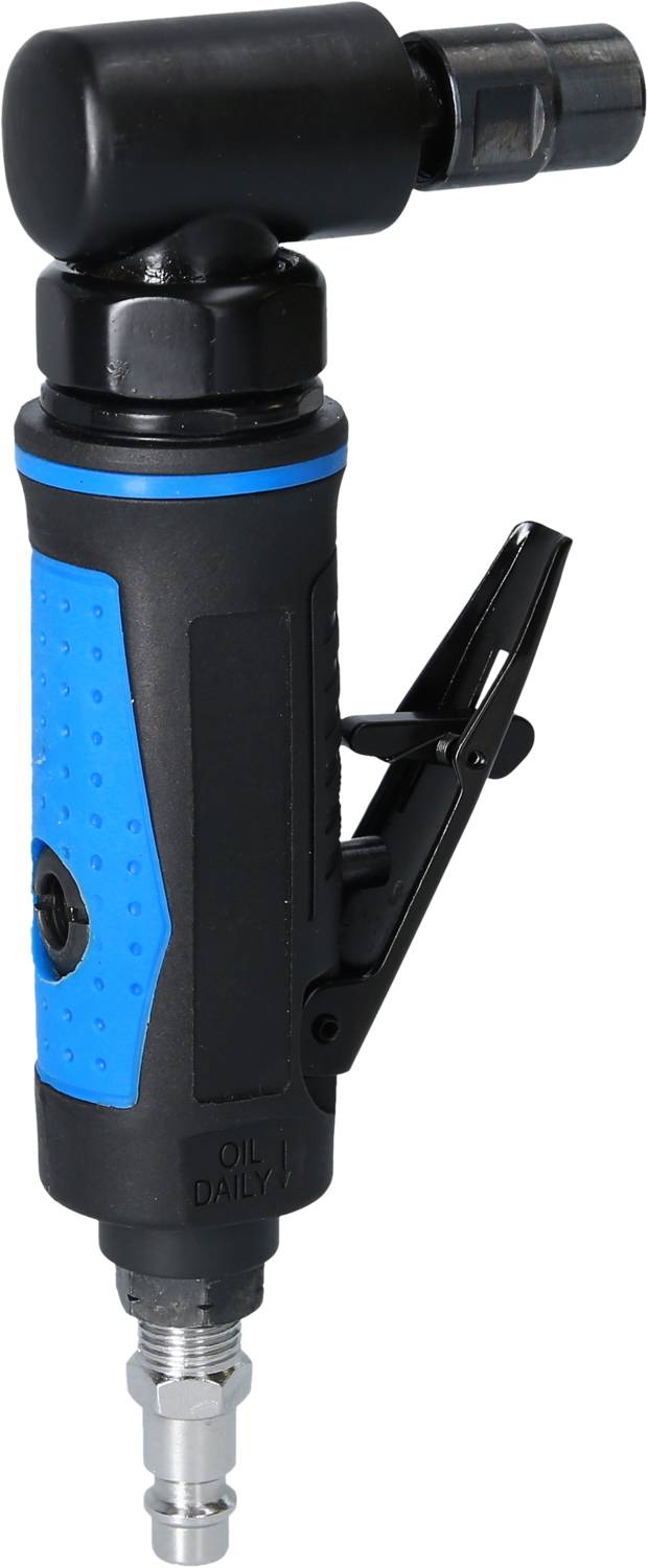 A pneumatic angle grinder with a blue-black housing and a metal connection at the bottom.