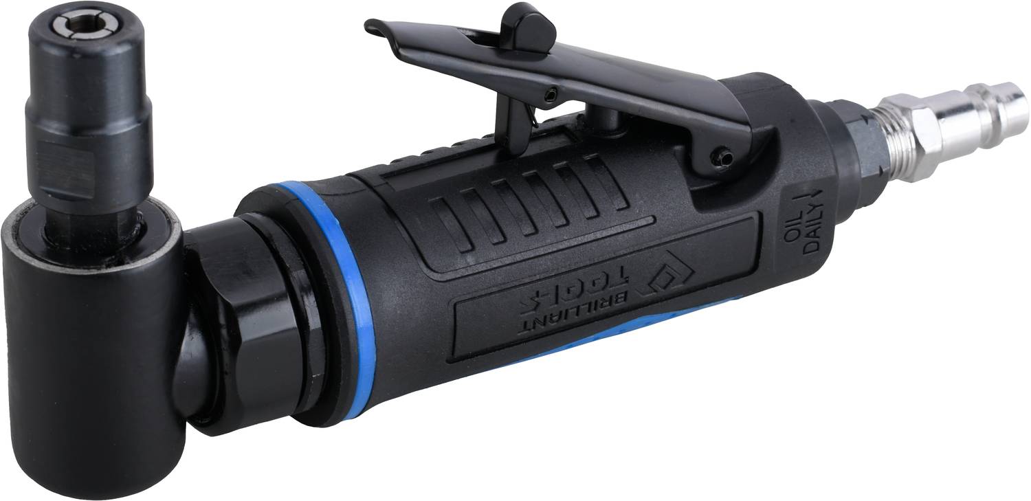 A pneumatic angle grinder, black and blue, with a silver connection piece at the front right.