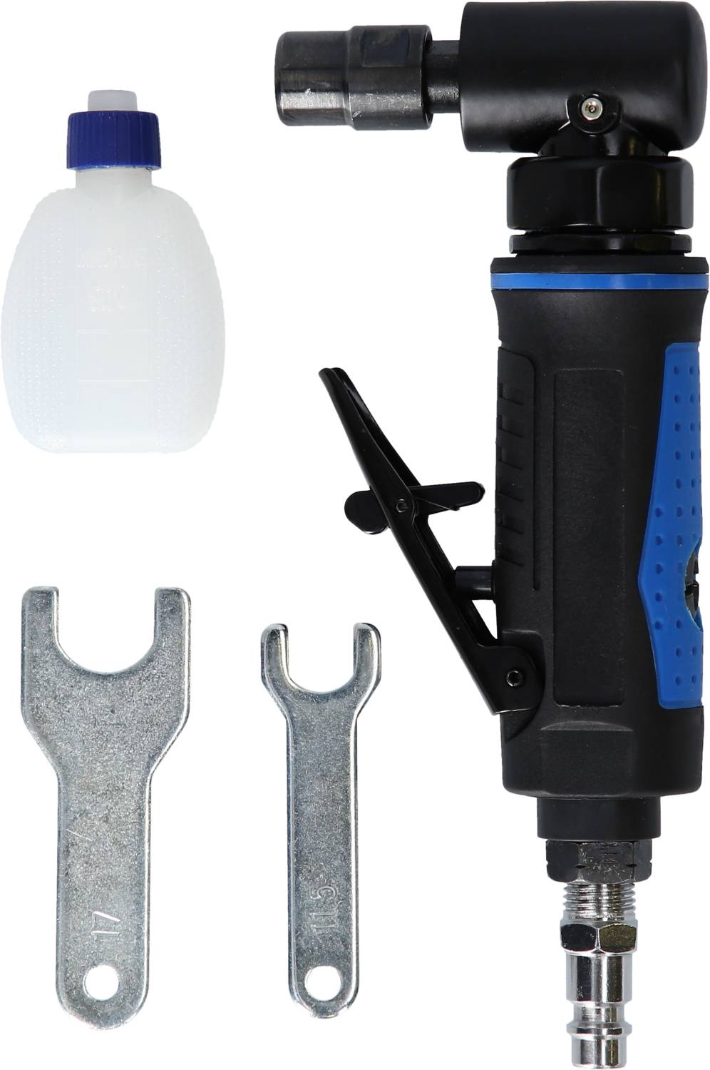 'Pneumatic angle grinder with oil bottle and two spanners. Metalworking tool set.'