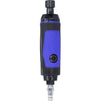 A portable, blue and black pneumatic screwdriver with an ergonomic handle and bottom connection for use in workshops.