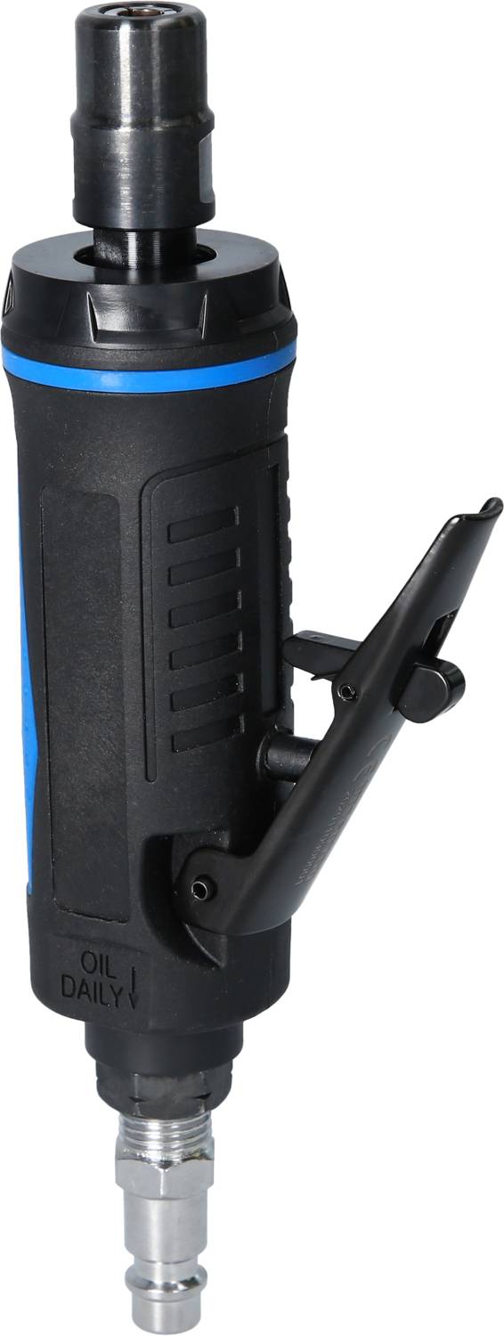 Pneumatic sander with non-slip handle and air supply connection, suitable for grinding and polishing in industrial applications.