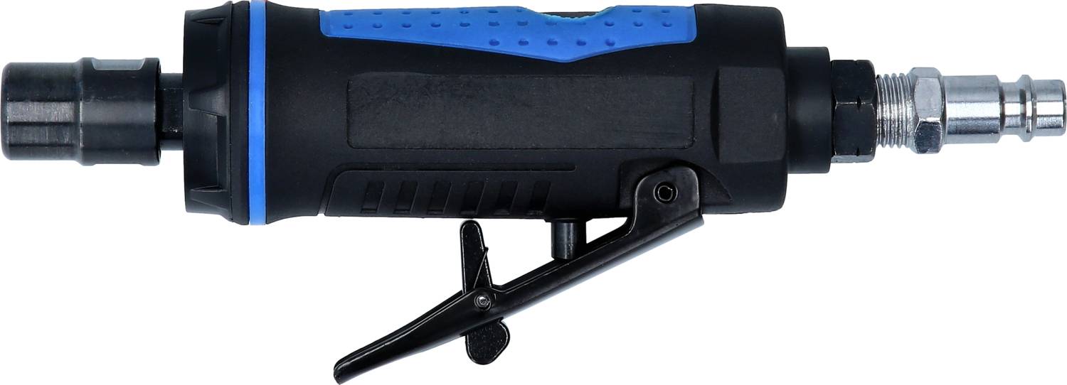 The image depicts a black and blue pneumatic sander. It has a side lever that serves as a switch, and a metal connection for compressed air.