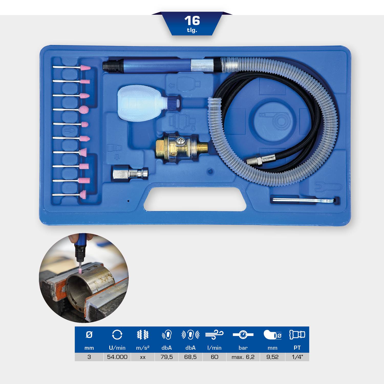 '16-piece Pneumatic Tool Set' in a blue case, comprising hoses, nozzles, and accessories for precise air applications. Includes various adapters and tools.