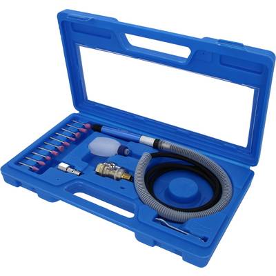 Blue tool case with drill grinder, flexible hose and various attachments organised in foam insert.