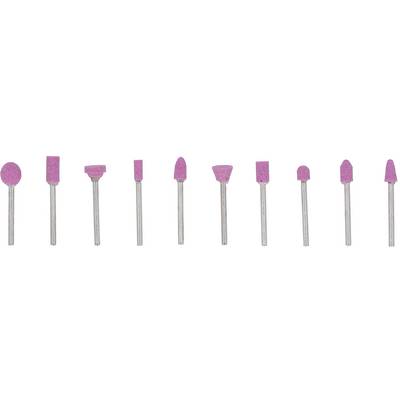 Ten different pink grinding attachments with metal shanks, arranged in a row, used for precise grinding work in craft and industry.