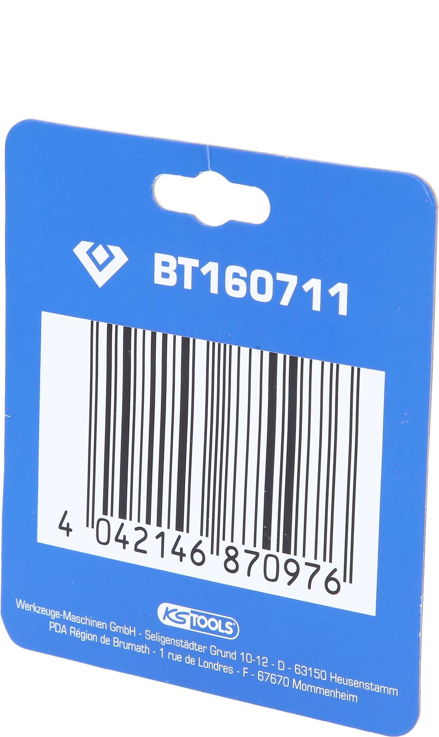 Blue barcode label with white inscription 'BT160711'. Contains barcode 4042146870976. Company name and address below.