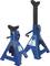 Two blue car jacks are standing side by side. They are made of metal and have a saddle support surface for support points, which is secured with chains.