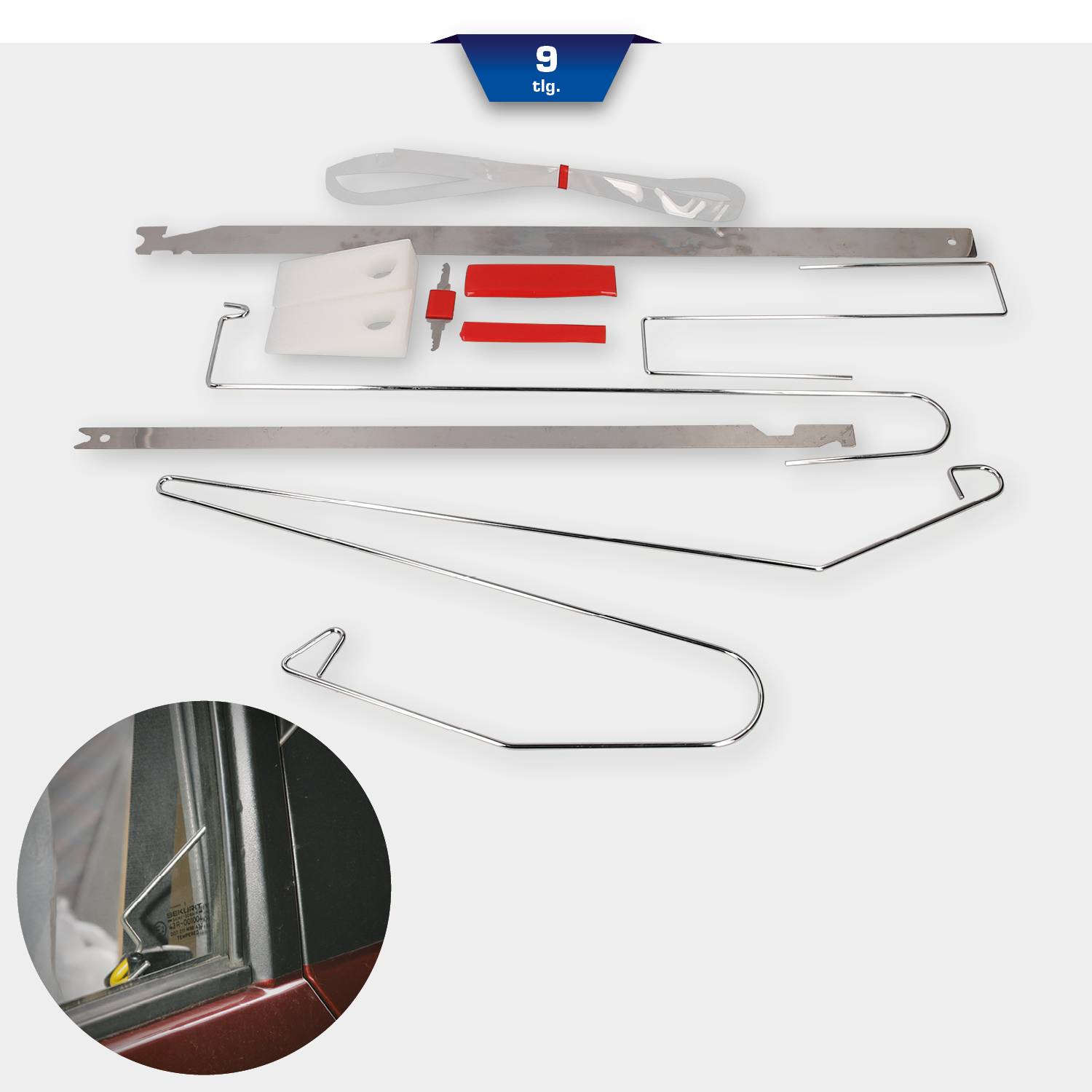 'Set of tools for vehicle entry comprising various rods, wedges and air cushions, designed to open a car door without causing damage.'