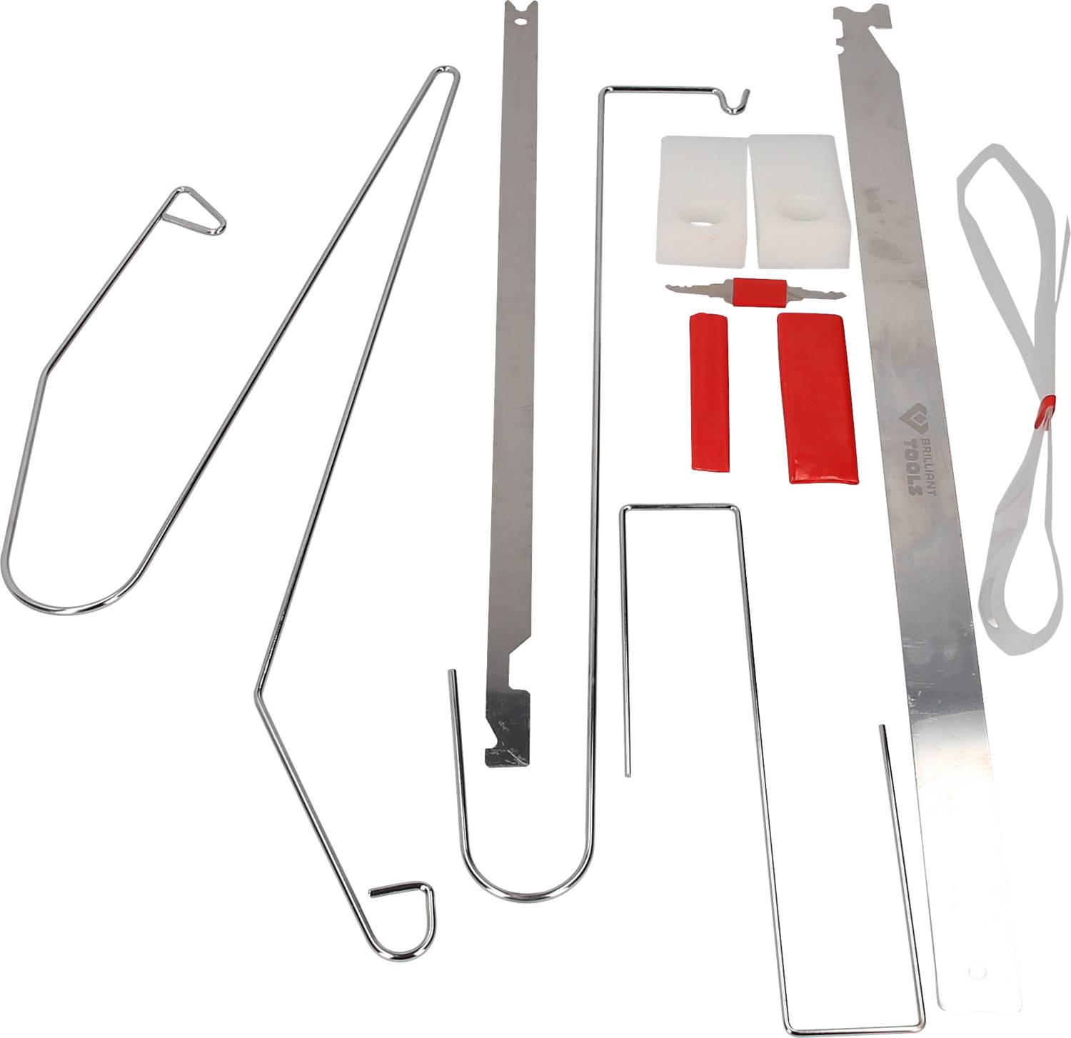 Various tools for vehicle entry, including rods, wedges and a plastic strip.