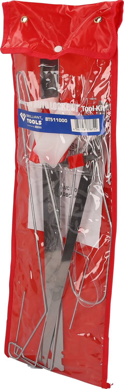 A red barbecue tool set with multiple grilling utensils, including tongs, a fork and a spatula, in a clear carry bag.