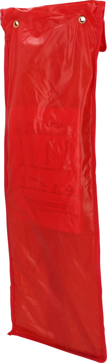 Red fire blanket in holder, usable for extinguishing small fires in the kitchen or household.