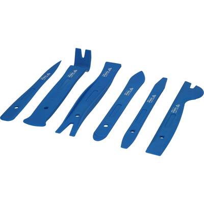 Six blue plastic tools in various shapes, for removing trim and interior panels in a car.