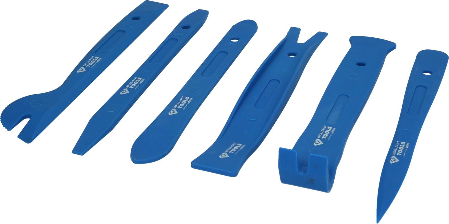 Six blue plastic dismantling tools in various shapes, for carefully removing automotive parts.