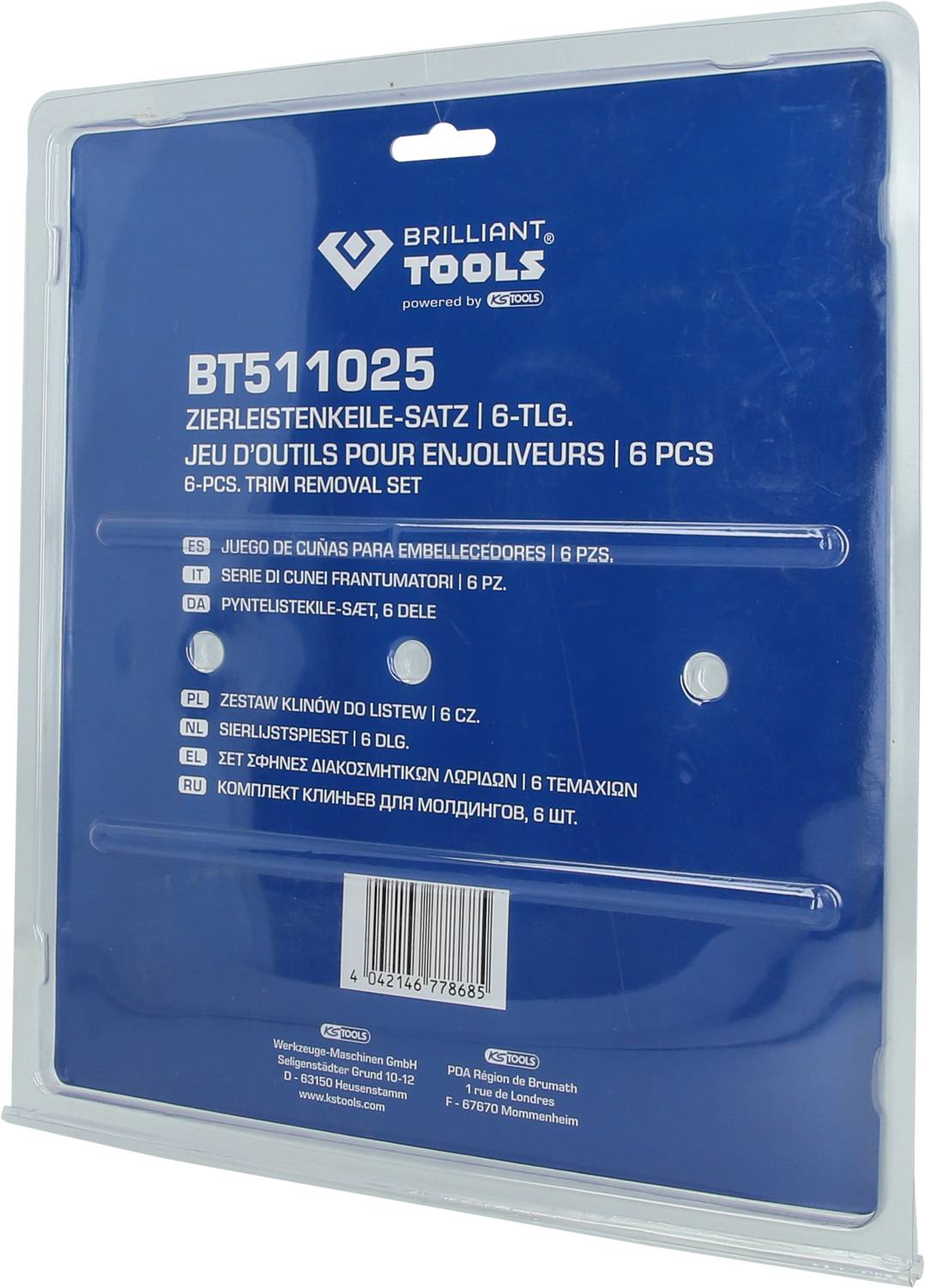 An empty tool packaging blister with the inscription 'Brilliant Tools BT511025 Trim Wedge Set / 6-piece'.