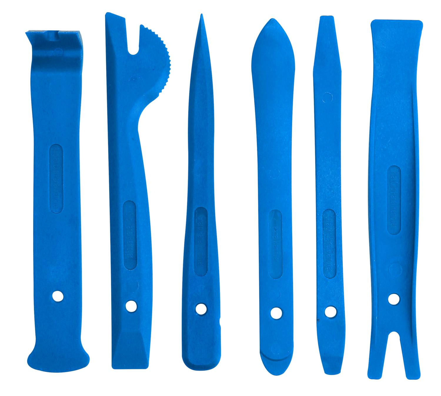 Six blue plastic tools for removing vehicle trim or panel parts, in various shapes.