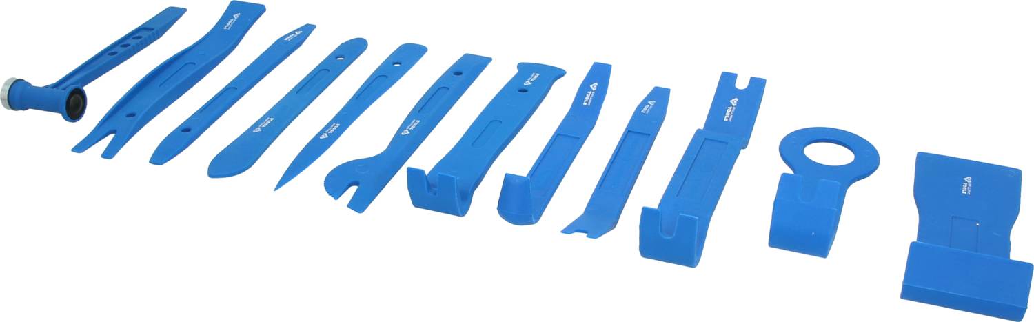 A set of blue lever tools in various shapes and sizes, used for opening cases or releasing fastenings.