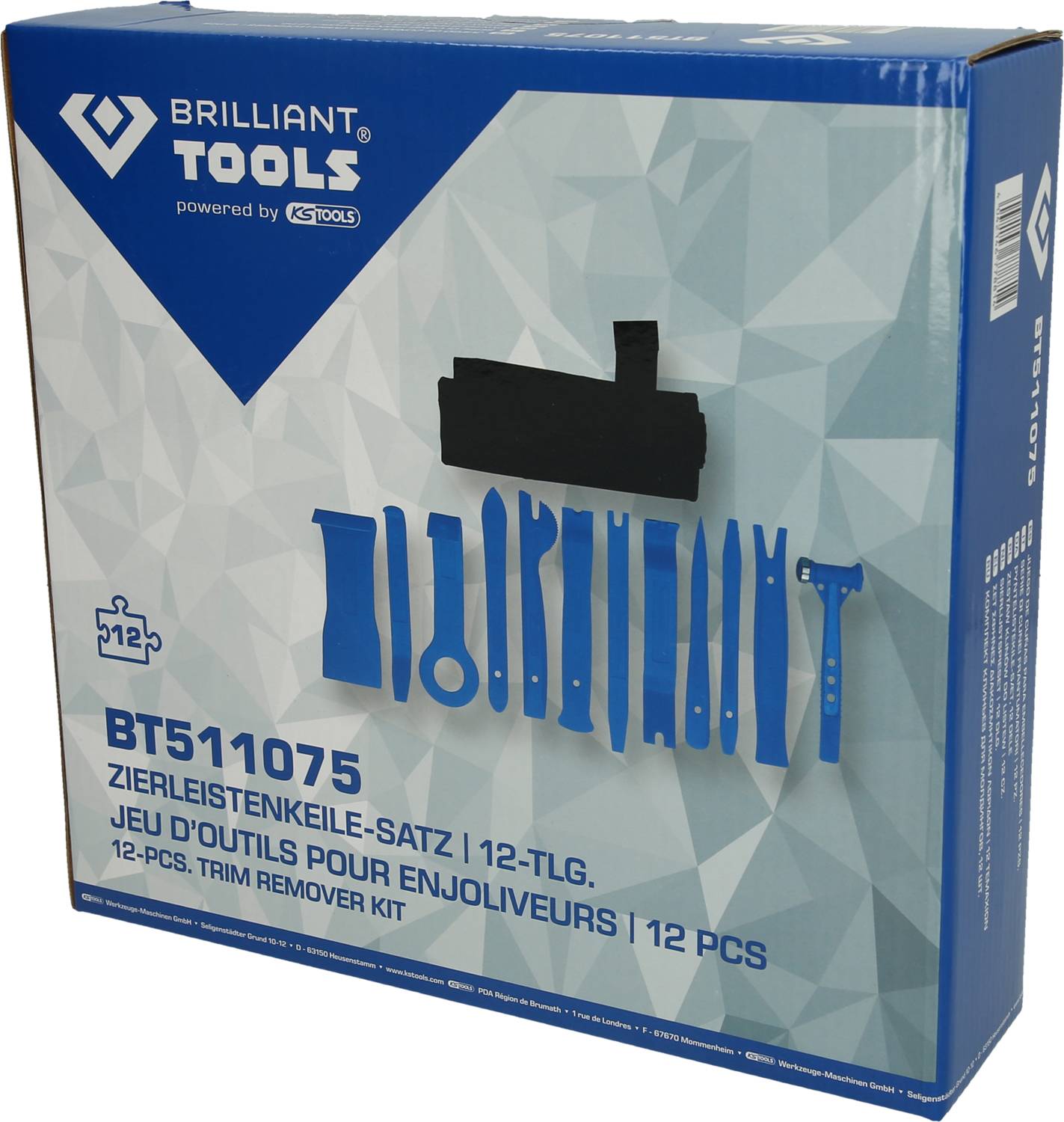 Packaging for a 12-piece trim wedge set by Brilliant Tools, in blue. Contains various automotive dismantling tools.