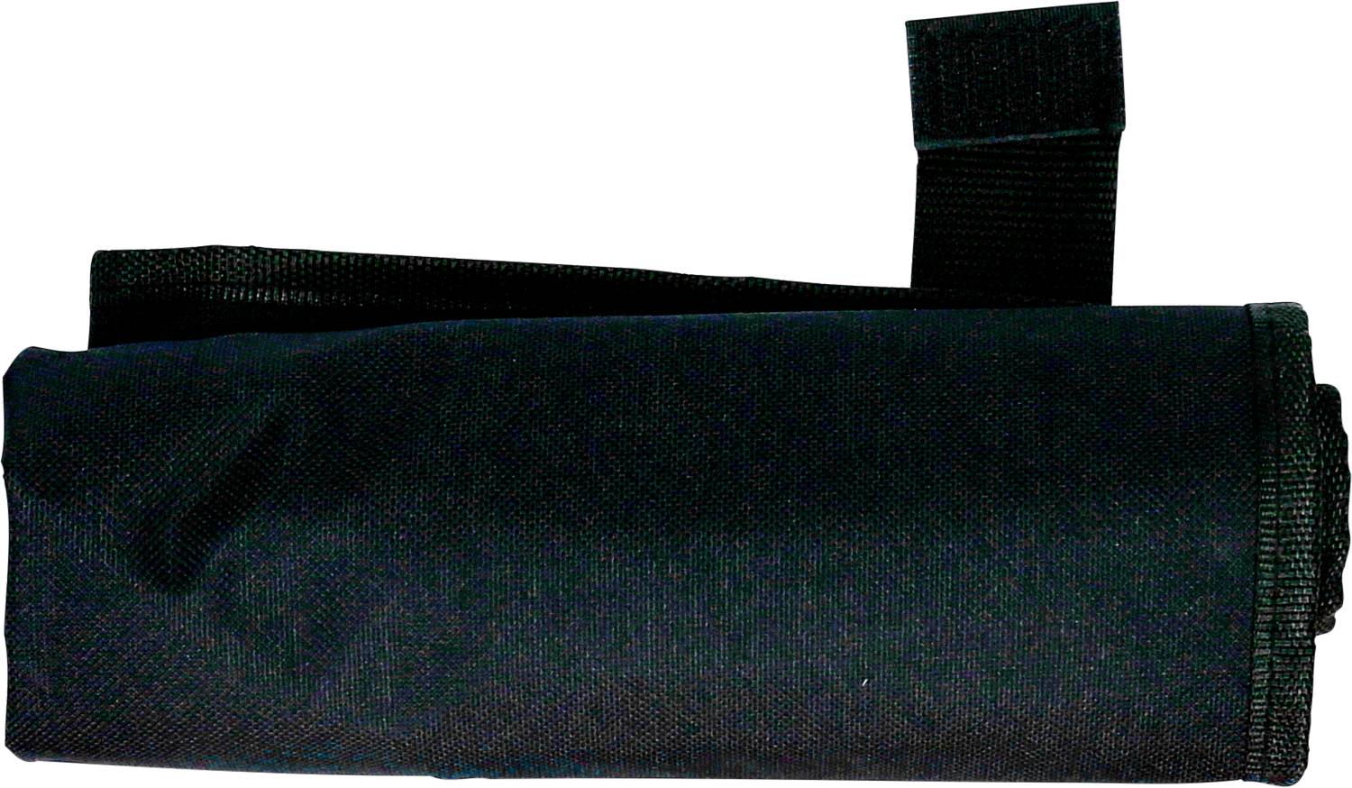 A rolled-up black fabric bag with a tab for fastening.