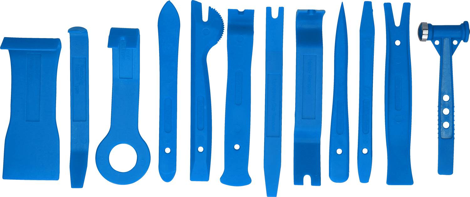 A set of blue plastic tools with various shapes and sizes, used for removing trim and opening casings.