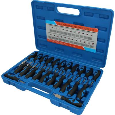 A blue plastic case with a 23-piece extraction tool set for terminals, arranged in specific recesses.
