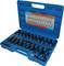 A blue plastic case with a 23-piece extraction tool set for terminals, arranged in specific recesses.
