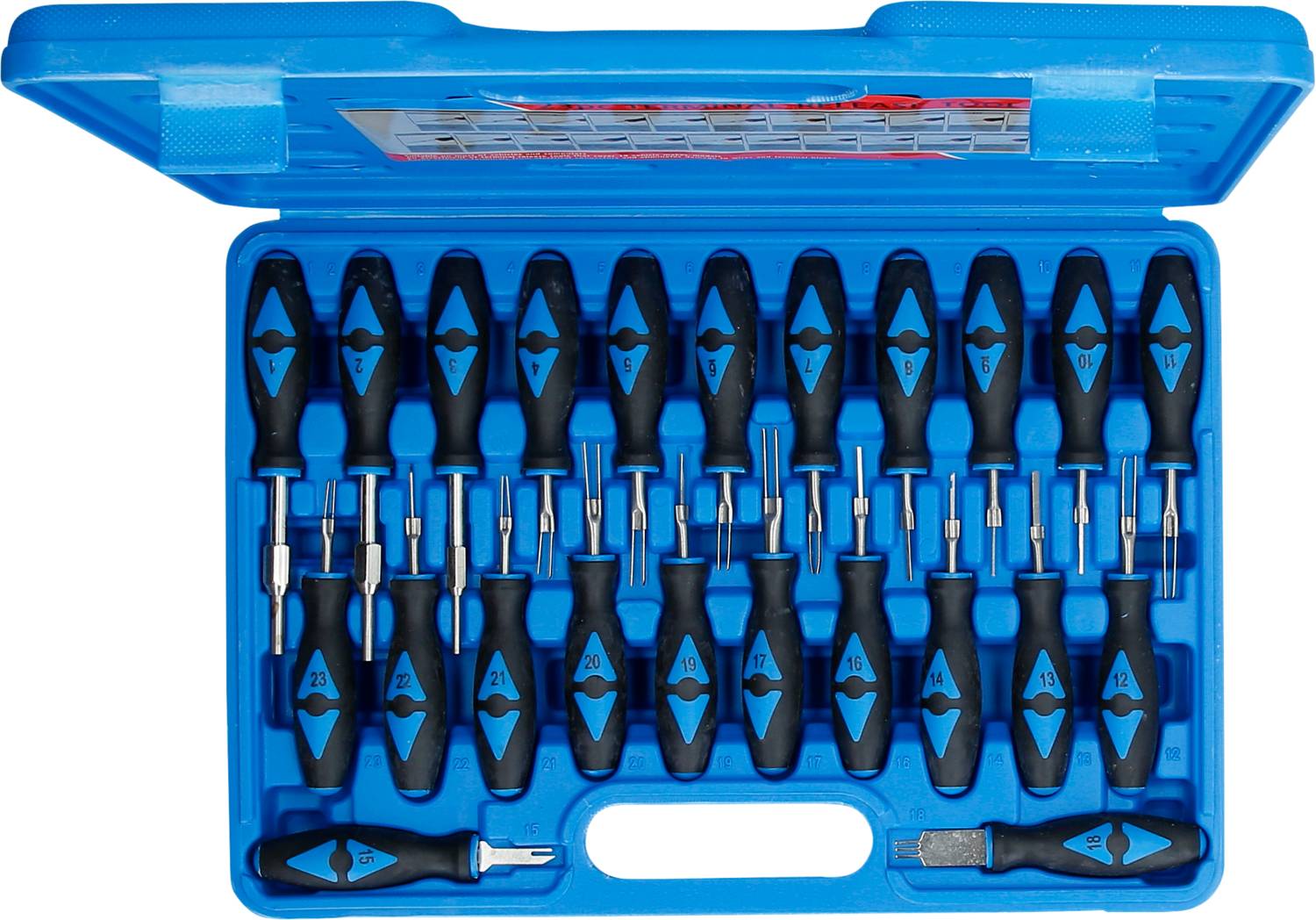 A blue tool case with 18 screwdrivers in various sizes. The handles are black and blue for better grip.