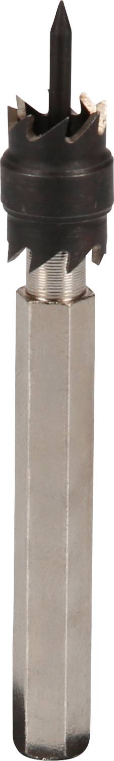 Metal drill bit with serrated edges and a central guidance point, suitable for drilling into metal.