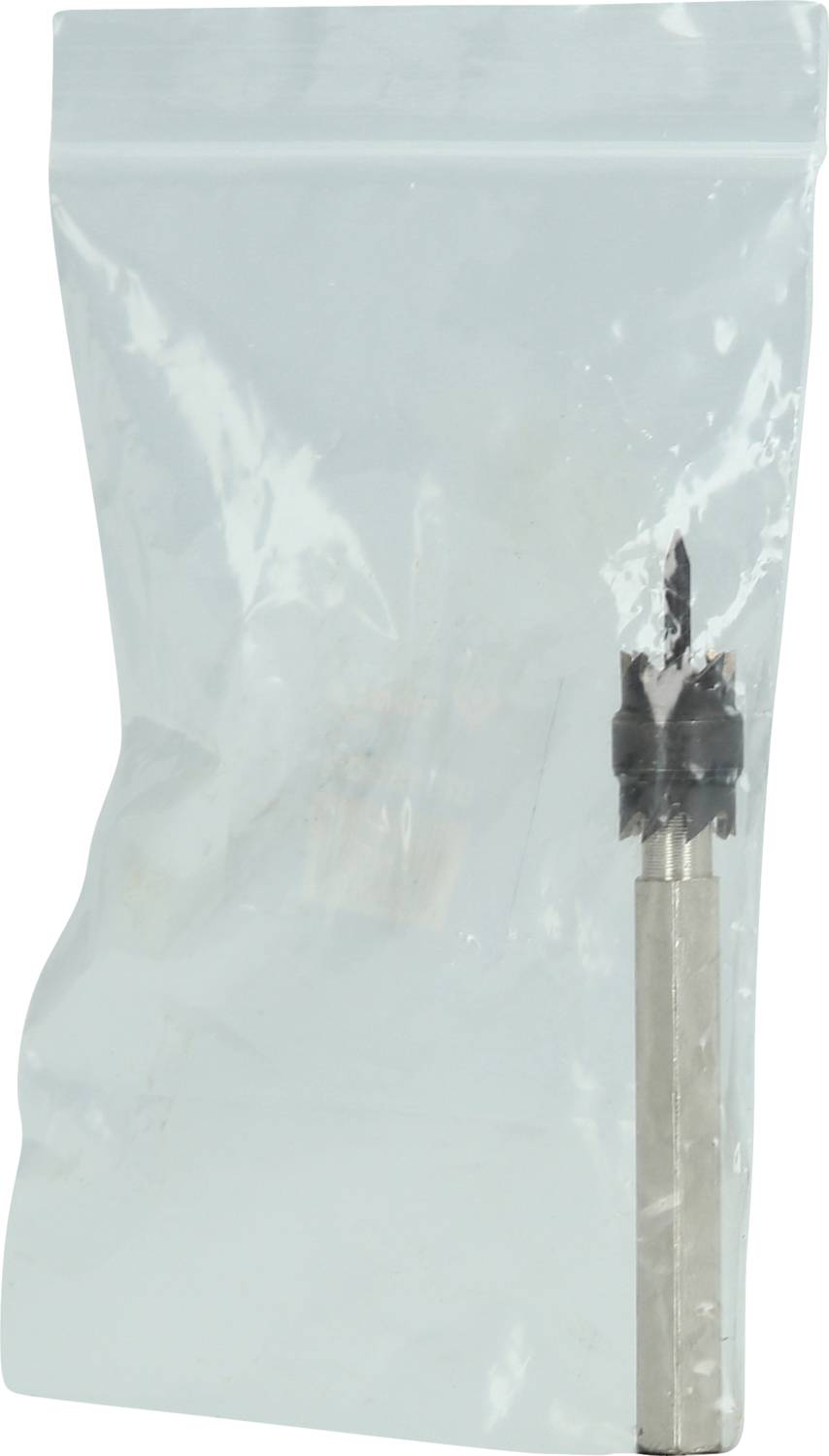 'Wooden drill bit packed in a plastic bag, with the tip of the drill bit visible through the transparent packaging.'
