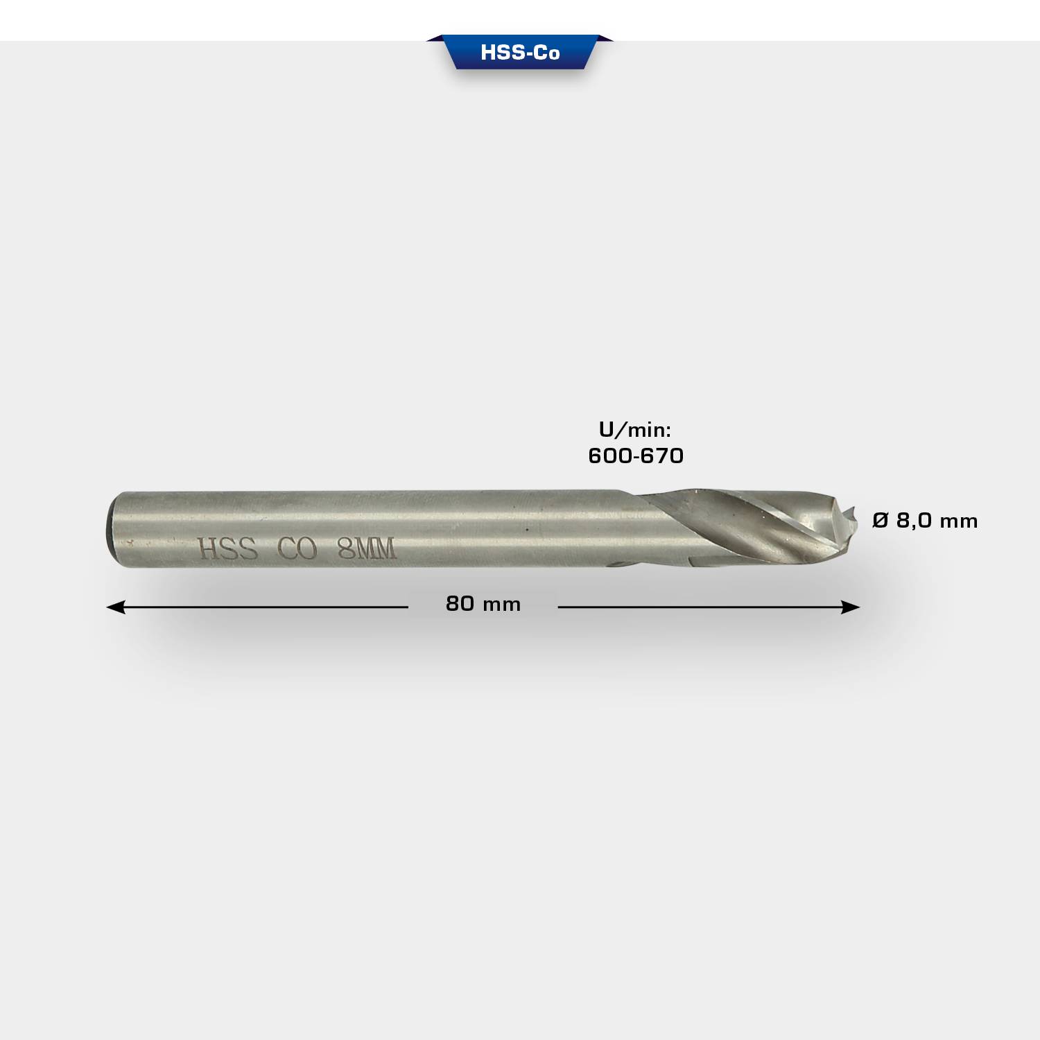 HSS-Co drill bit, 8.0 mm diameter, 80 mm length. Recommended rotational speed: 600-670 rpm.