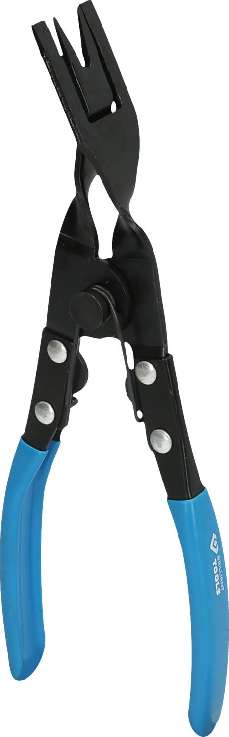 A rivet puller with black handles and blue grips, used for removing rivet heads, isolated on a white background.