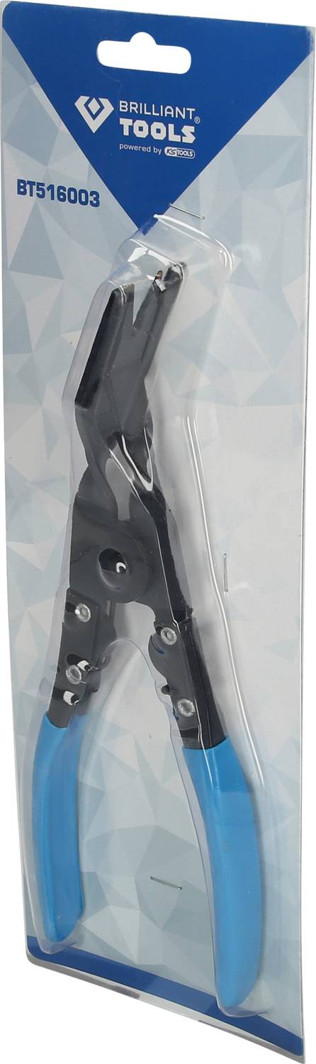 Blister pack with a metal pliers. Blue-black handles, brand logo in the top left corner. Ideal for vehicle repairs.