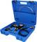 Blue toolcase with measuring equipment, including a manometer with hoses and accessories for testing pressure systems.