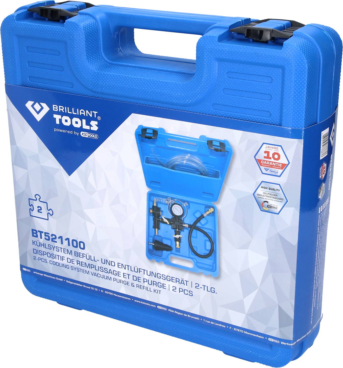 'Blue suitcase with Brilliant Tools logo, Model BT521100. Includes cooling system filling and bleeding device. Comes with 10-year warranty.'