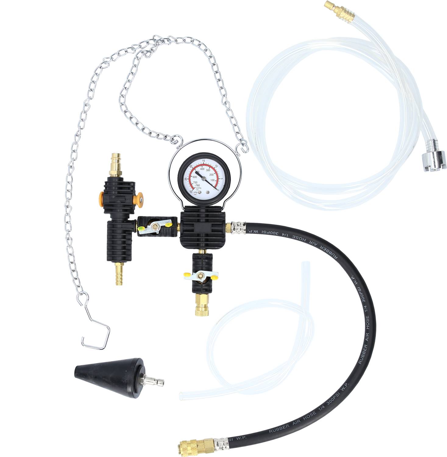 A pressure reducer with a pressure gauge, black hose and transparent hose, connected with various fittings and a chain.